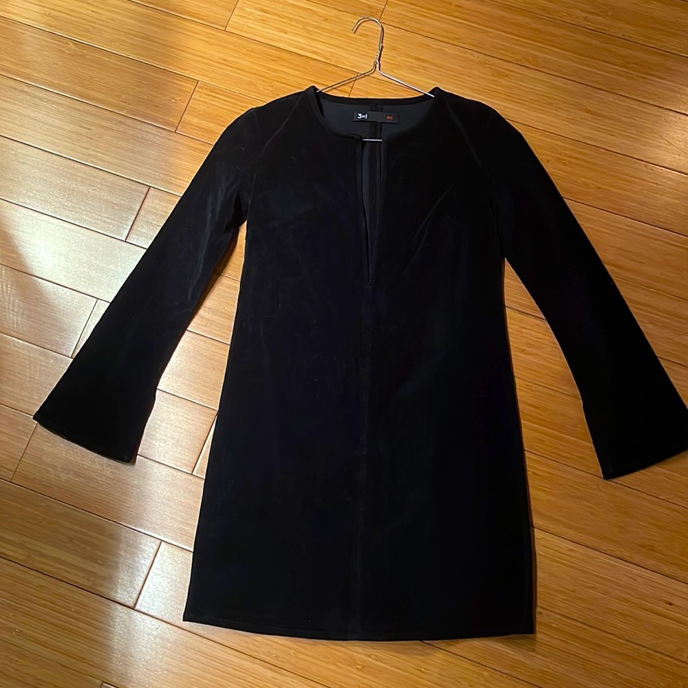 3x1 black velvety shift with bell sleeve